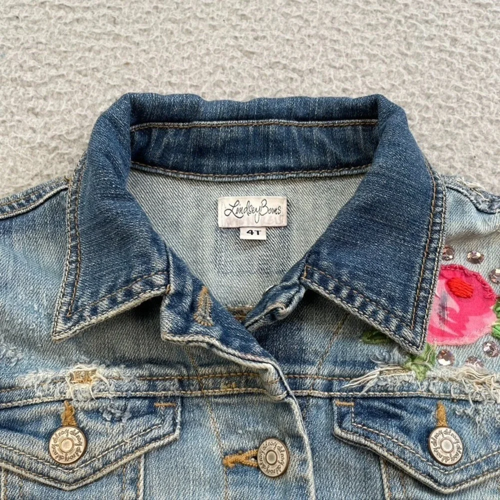 Lindsey Berns Jeans Jacket Girls 4T Blue Denim Pink Floral Rhinestone Coquette